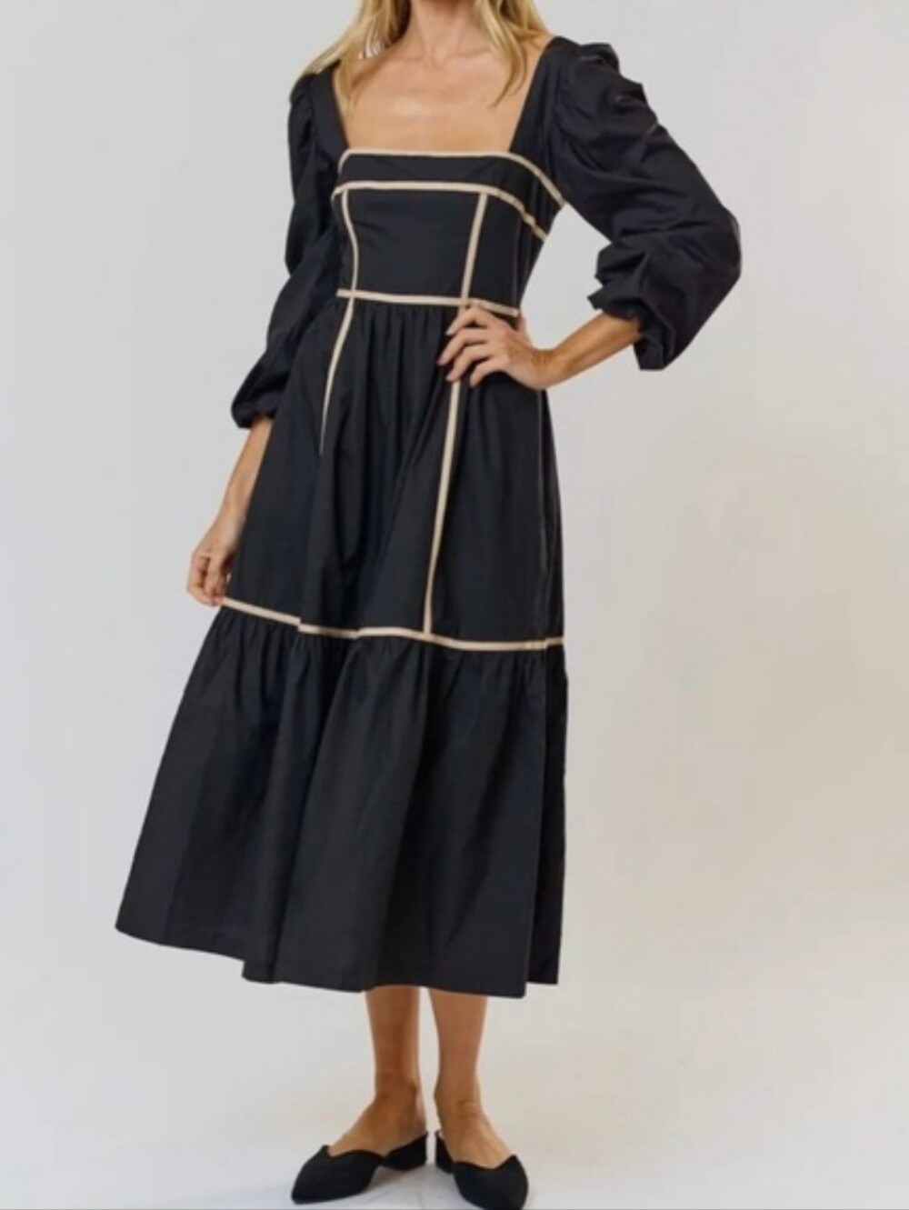 NWOT Black Tiered Puff-Sleeve Midi Dress with Contrast Piping